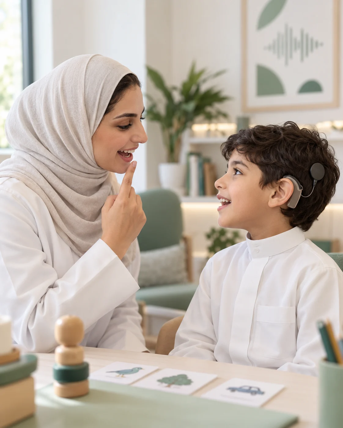 Speech-language therapist working with a child using a hearing implant